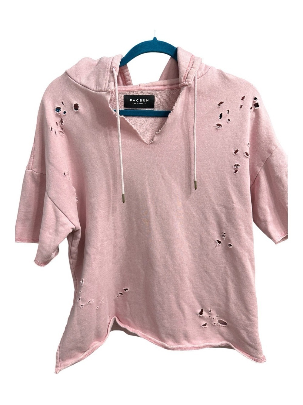PacSun Light Pink Distressed Cotton Short Sleeve Unisex Hoodie Size M - Picture 2 of 10